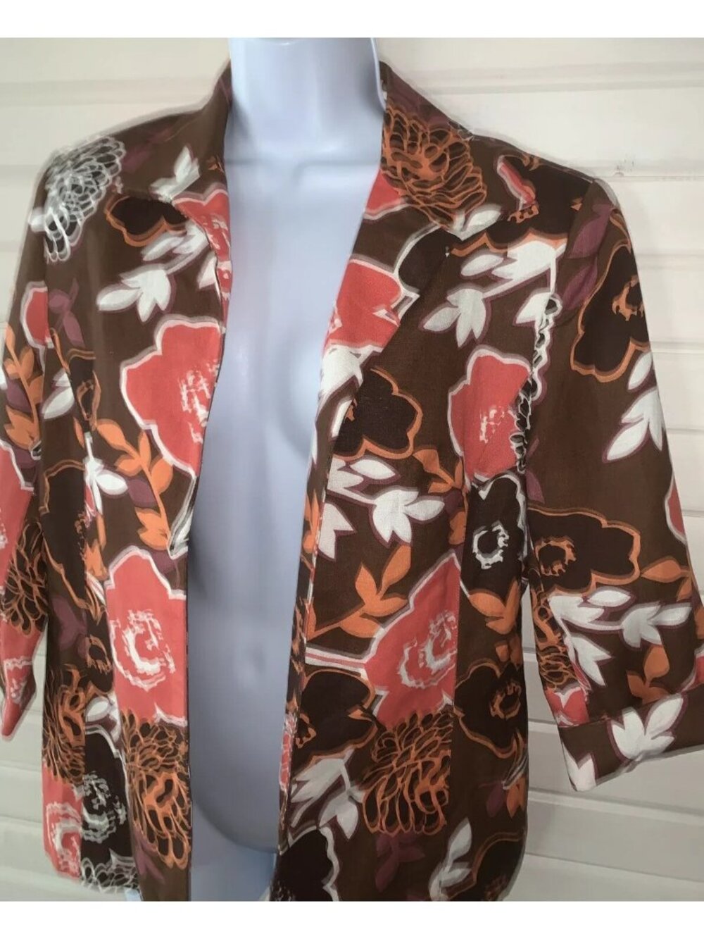 Bob Mackie Studio Sz 8 Floral Open Blazer Jacket Lined Pockets Brown Salmon EUC